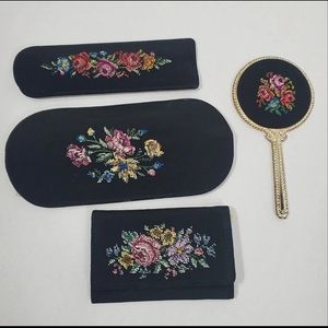 Vanity Travel Set Vtg Traum W Germany Embroidered Flowers Sew Kit Brush Mirror
